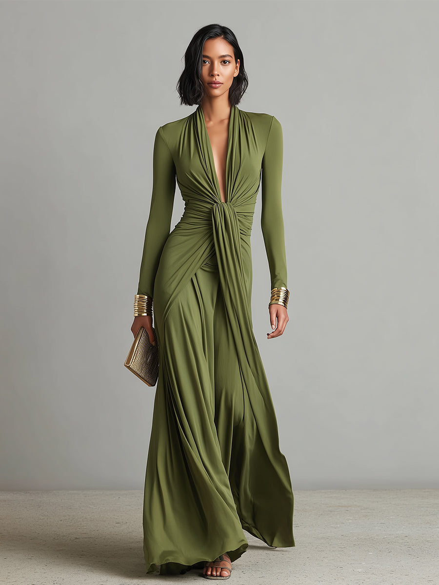 Vittoria - Olive Maxi Dress with Deep V-Neck