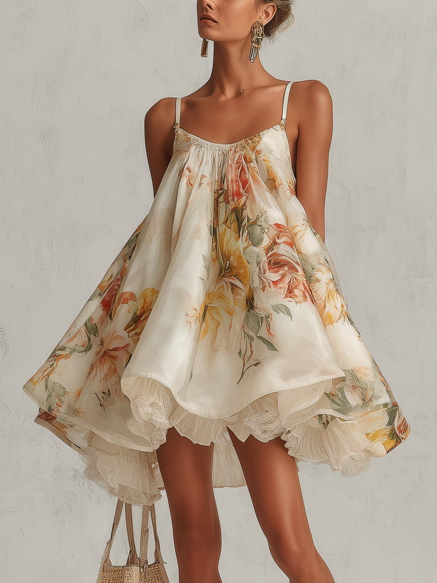 Béatrice | Beige Floral Organza Mini A-Line Dress with Lace Trim