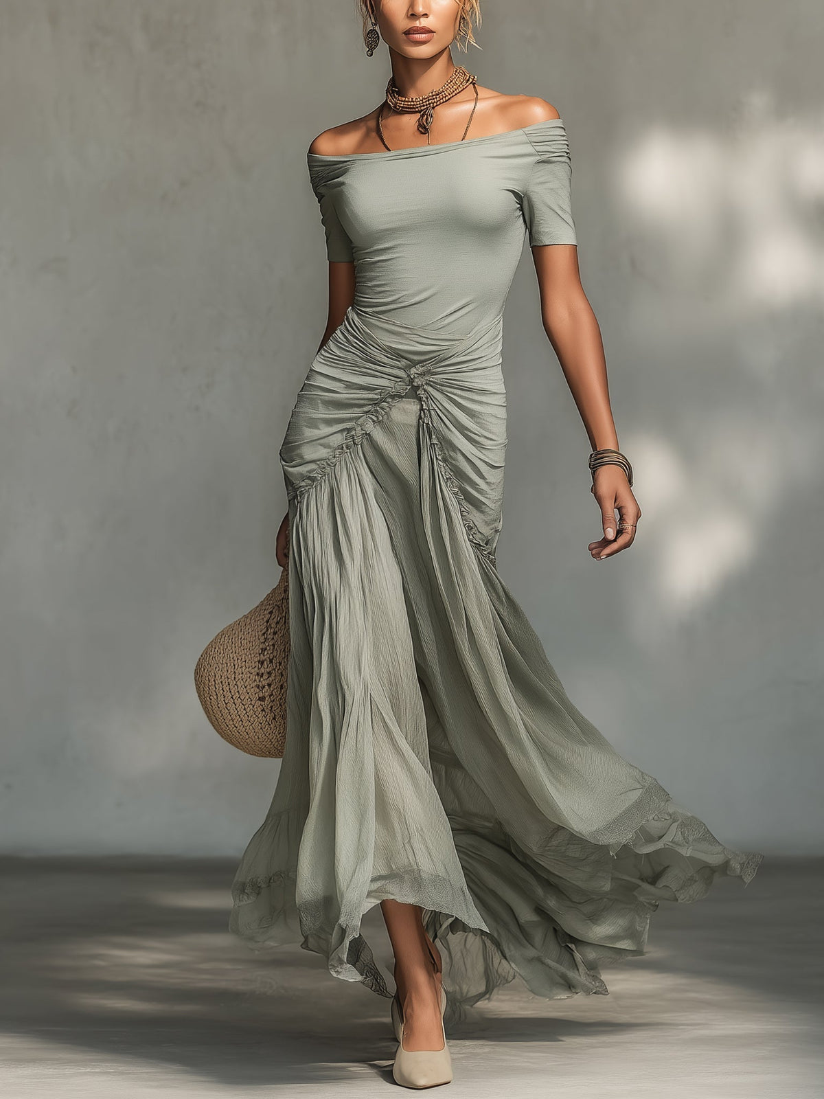 Grey Off-Shoulder Maxi Dress