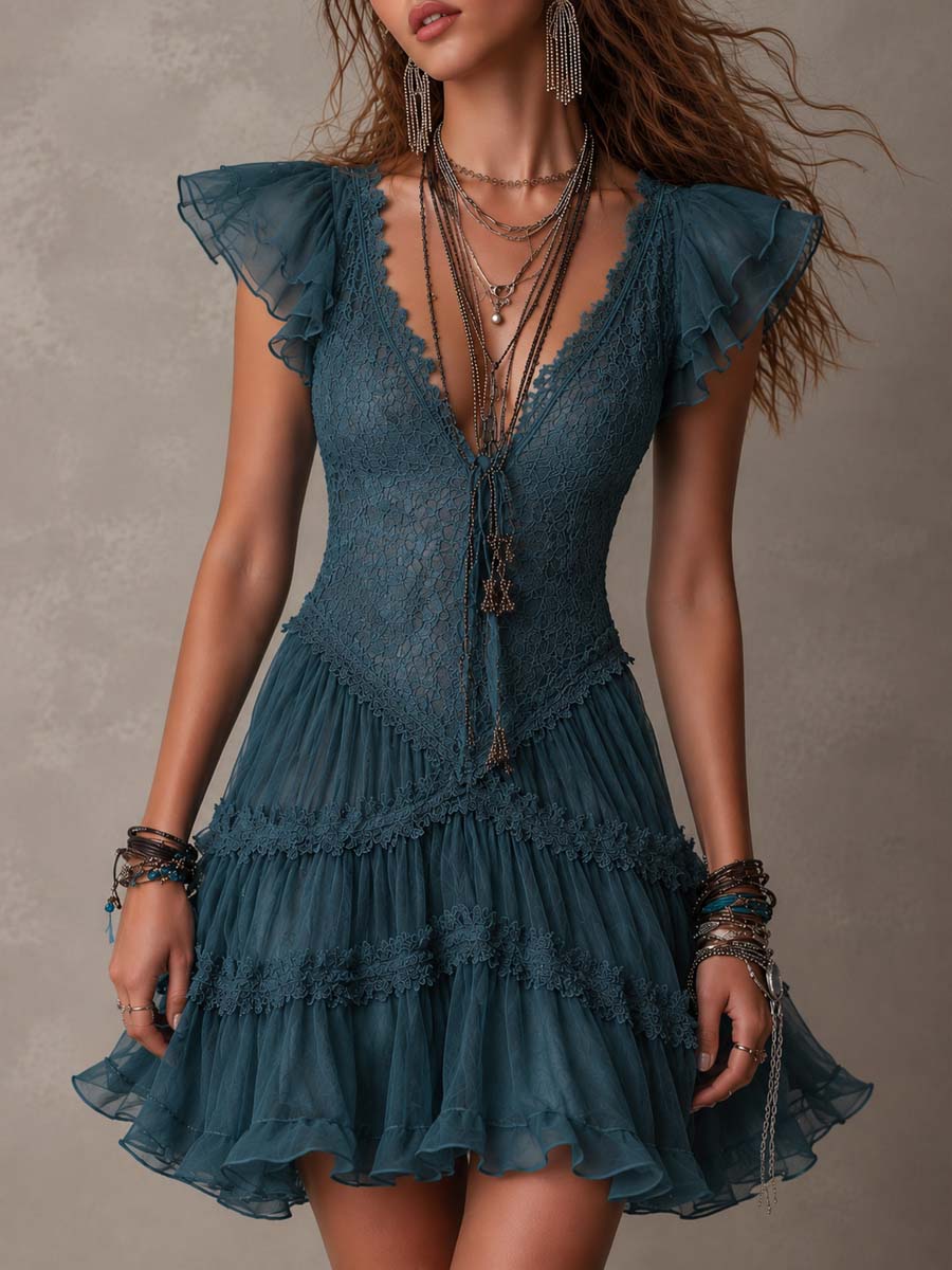 Azurine | Mini Dress with Ruffles in Retro Blue Lace and Chiffon