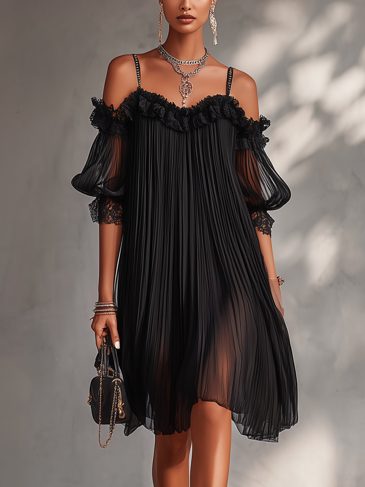 Léonie | Mini Black Dress, Off-the-Shoulder, Lace Trim