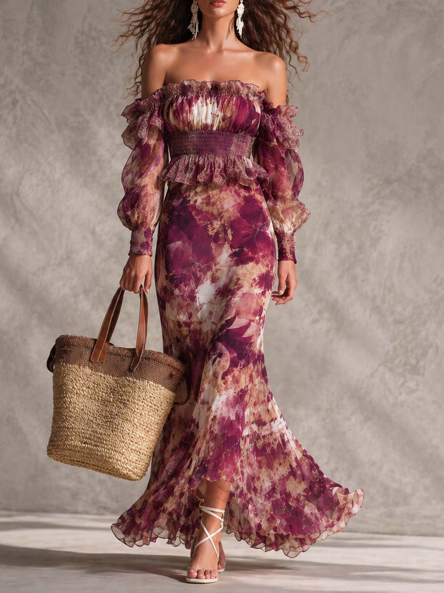 Françoise | Pink Floral Print Chiffon Maxi Dress with Off-the-Shoulder Sleeves