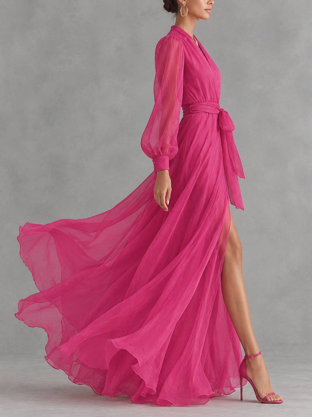 Noemi - Long Chiffon Dress with Beads and V-Neck