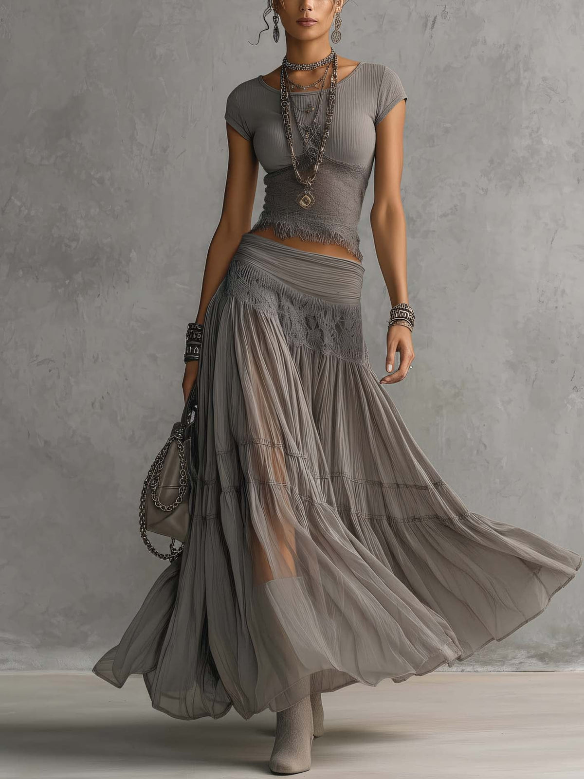 Christine™ | Grey lace panelled top and pleated long skirt