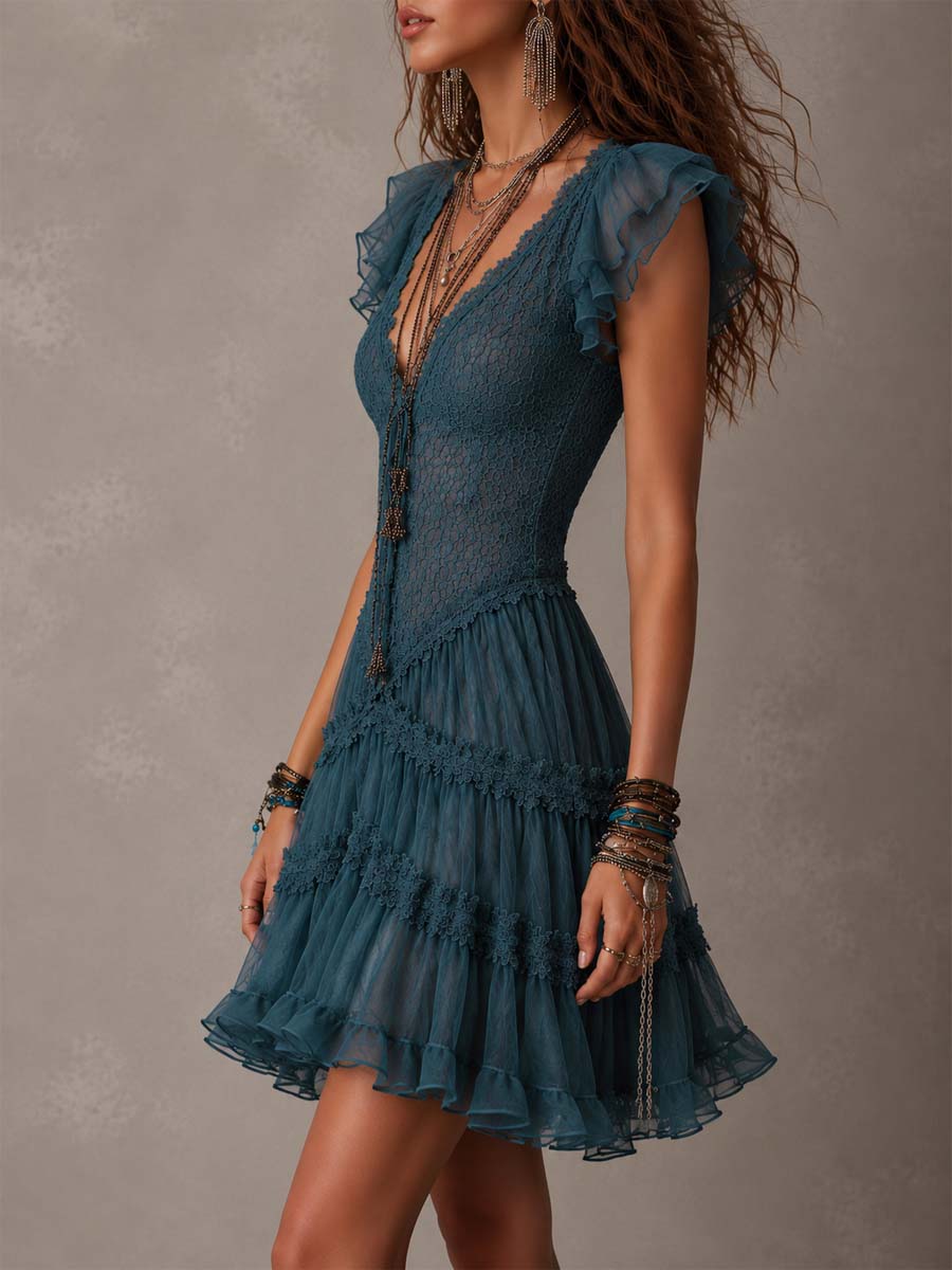 Azurine | Mini Dress with Ruffles in Retro Blue