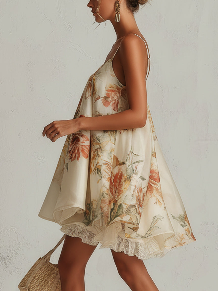 Béatrice | Beige Floral Organza Mini A-Line Dress with Lace Trim