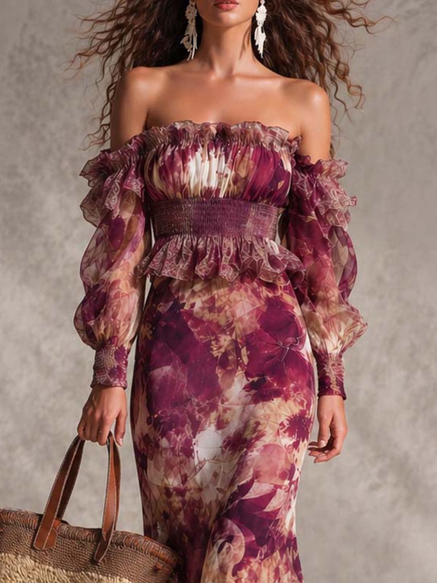 Françoise | Pink Floral Print Chiffon Maxi Dress with Off-the-Shoulder Sleeves