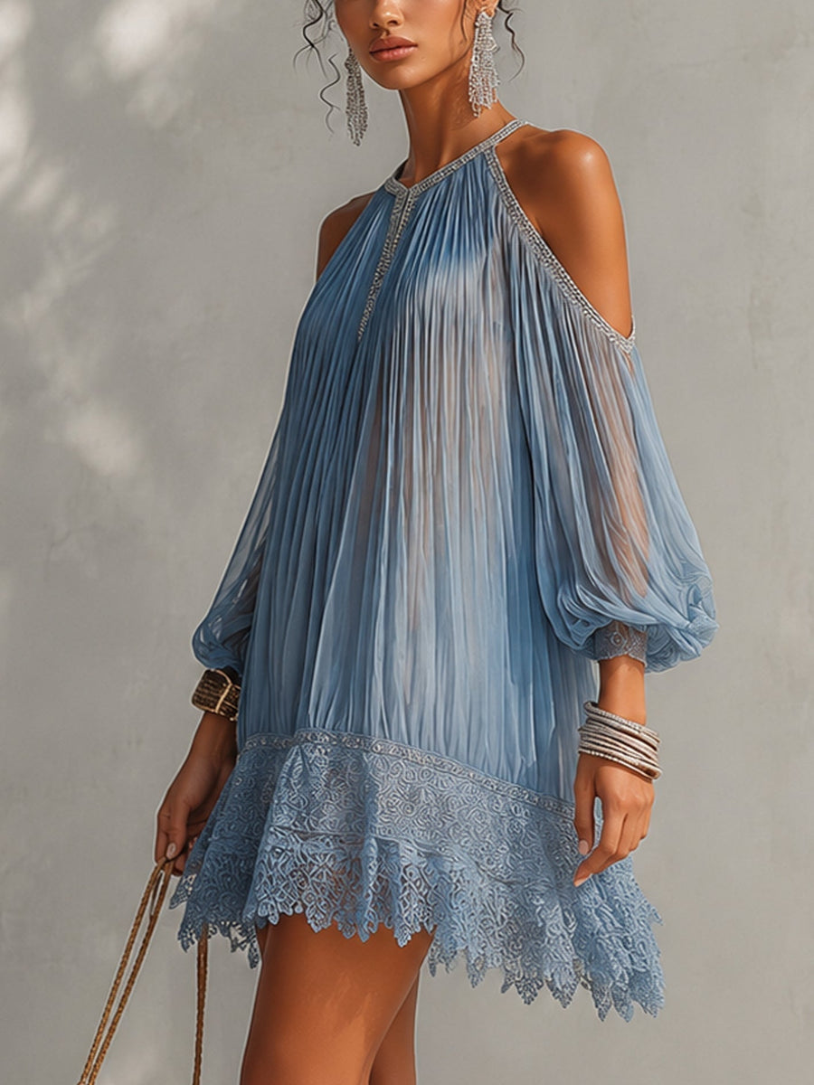 Bleuette | Mini Ruched Blue Dress, Off-Shoulder, Lace Hem
