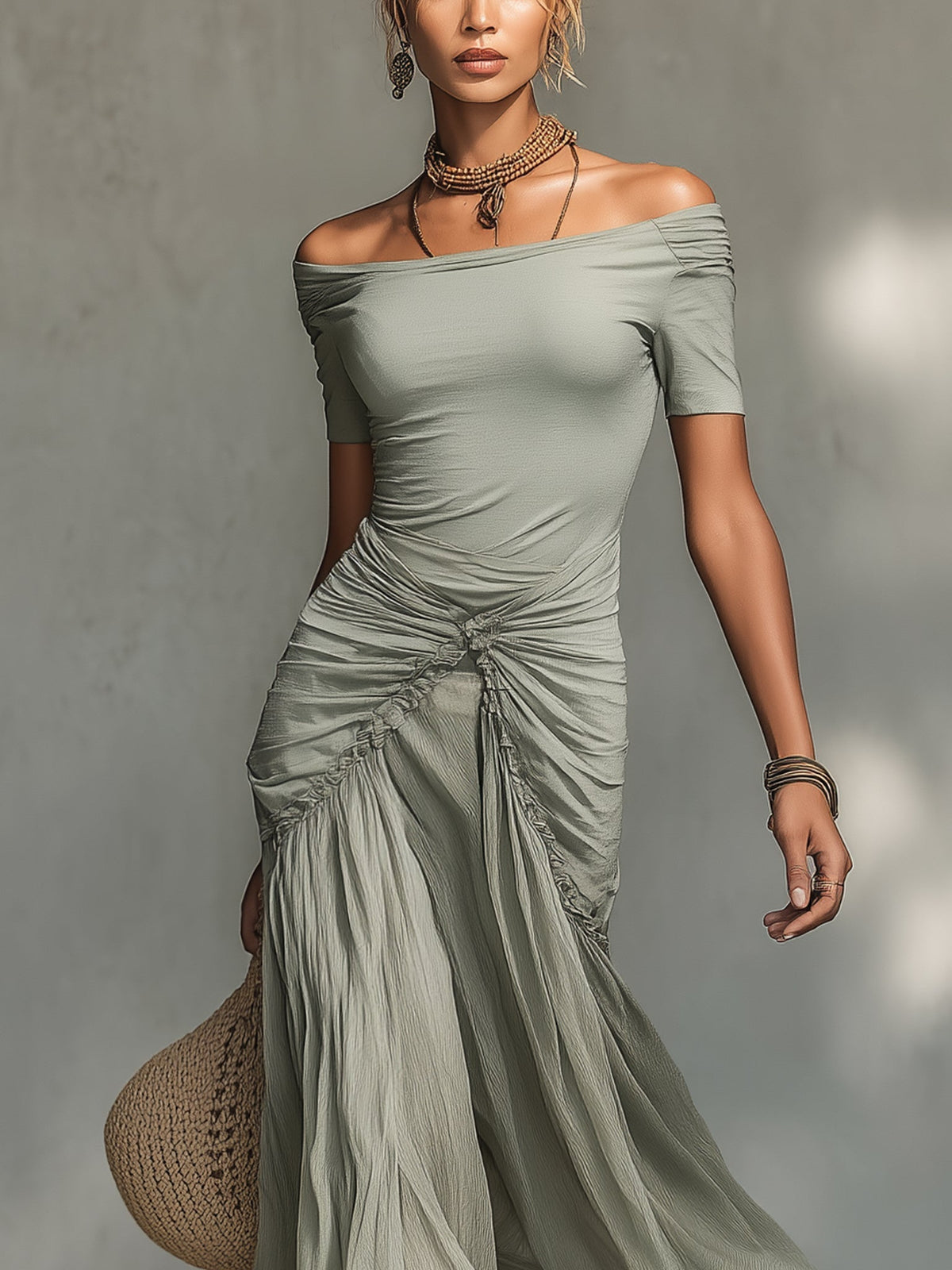 Grey Off-Shoulder Maxi Dress