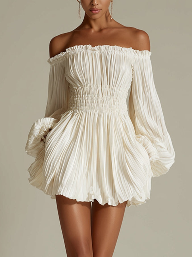 Candide | Mini White Dress with Off-Shoulder Sleeves, Gathered Waist