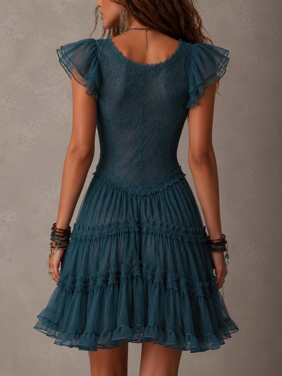 Azurine | Mini Dress with Ruffles in Retro Blue Lace and Chiffon