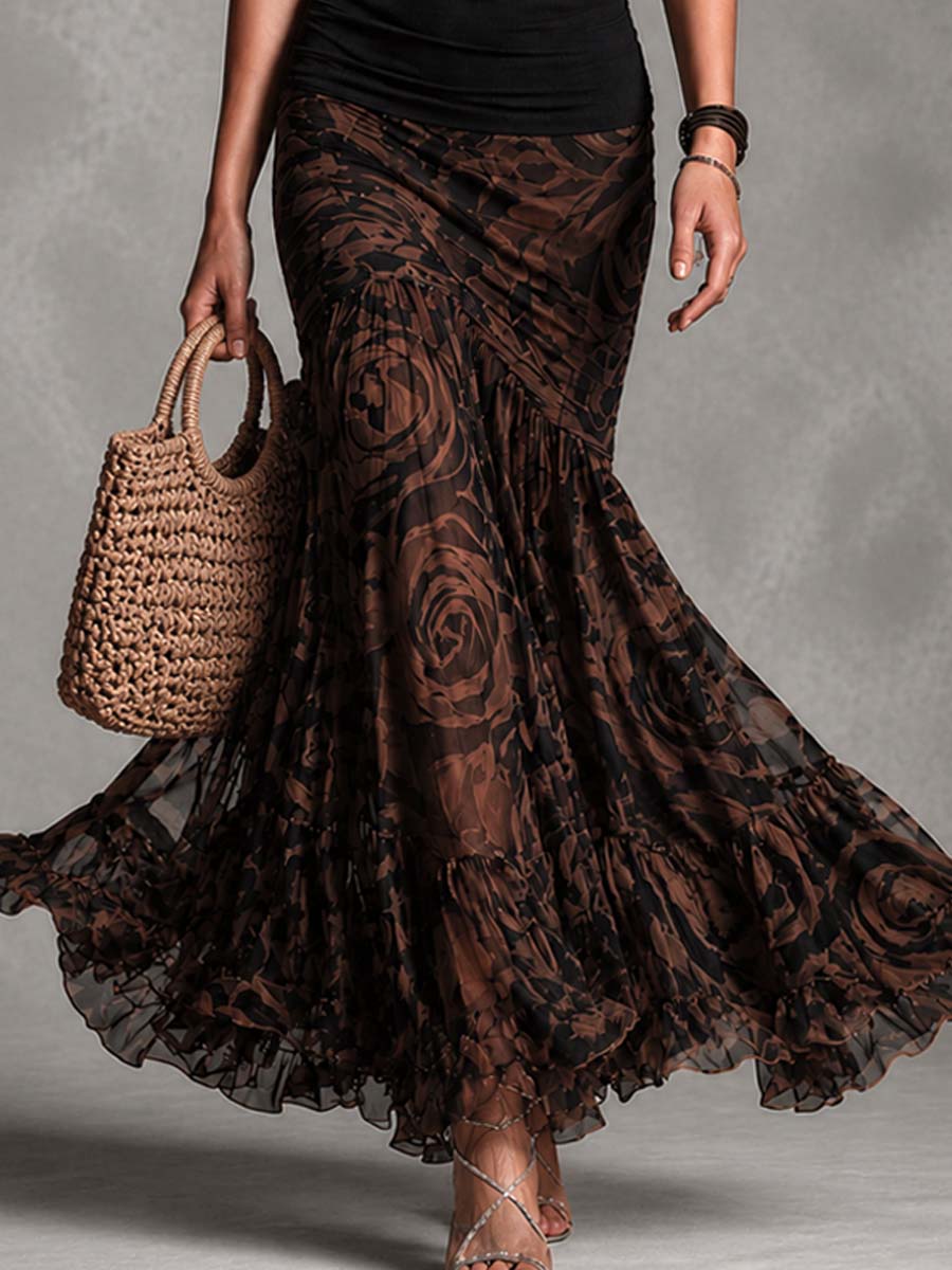 Retro Black Cami and Brown Printed Skirt Set