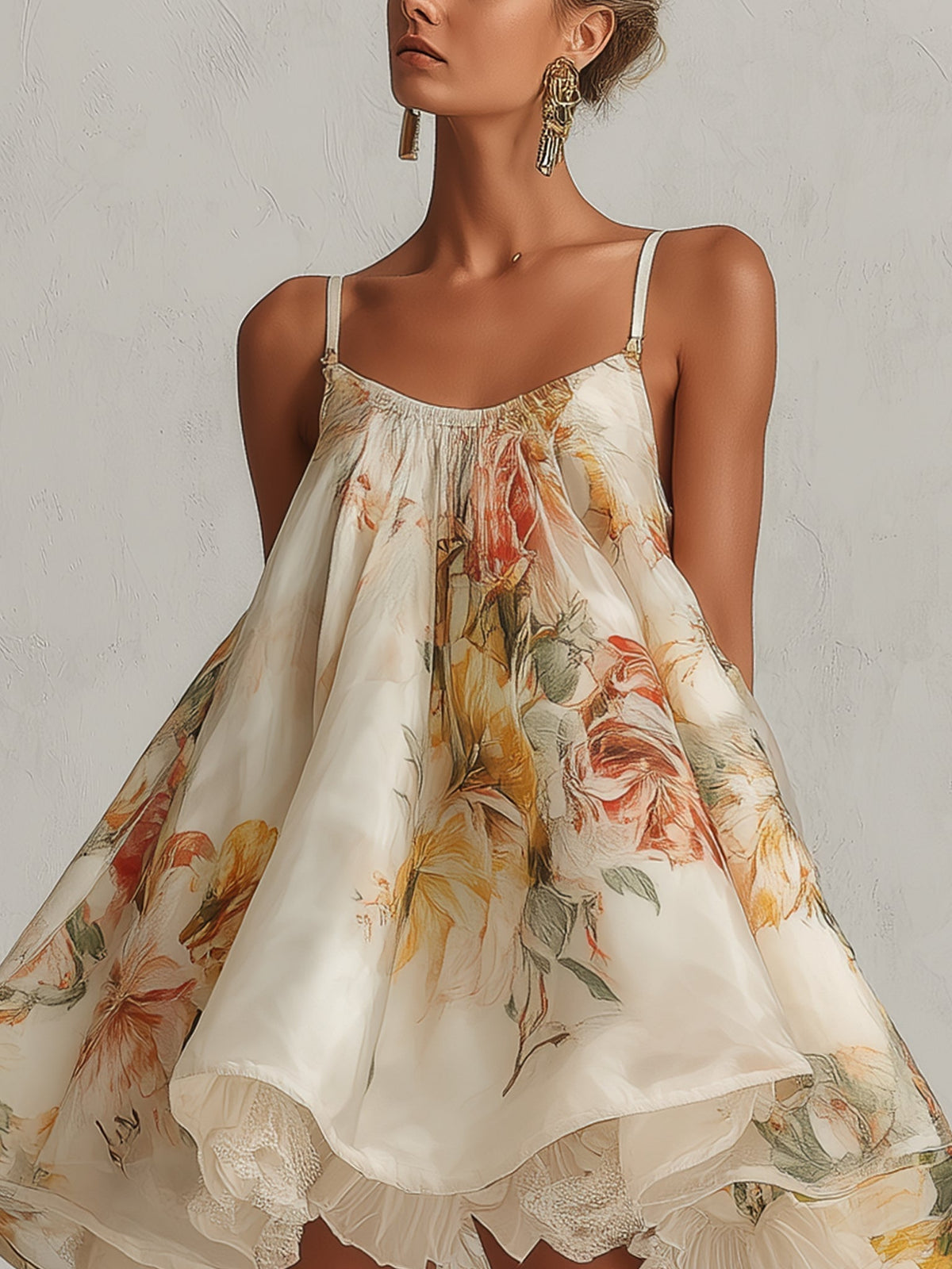 Béatrice | Beige Floral Organza Mini A-Line Dress with Trim