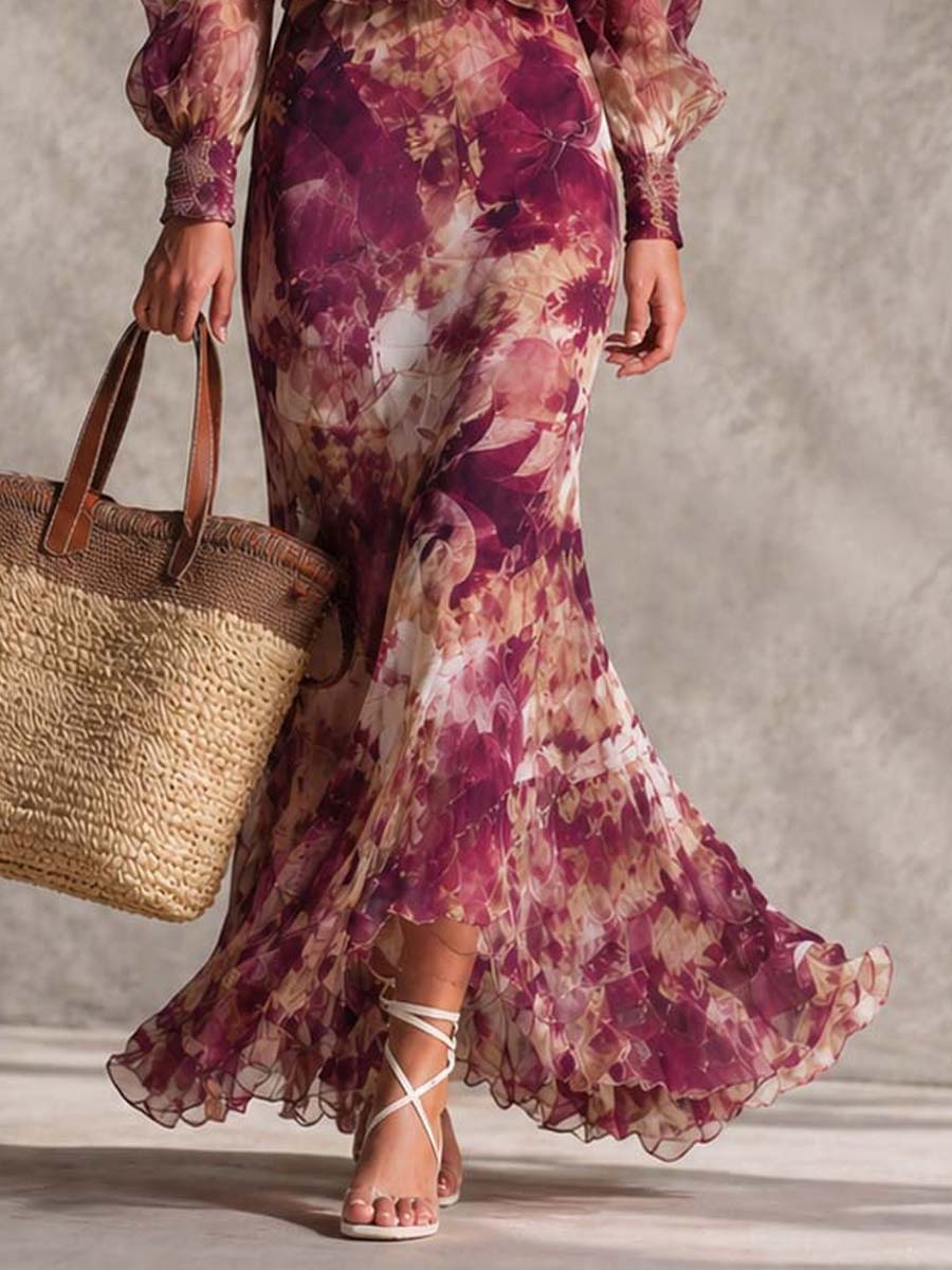 Françoise | Pink Floral Print Chiffon Maxi Dress with Off-the-Shoulder Sleeves
