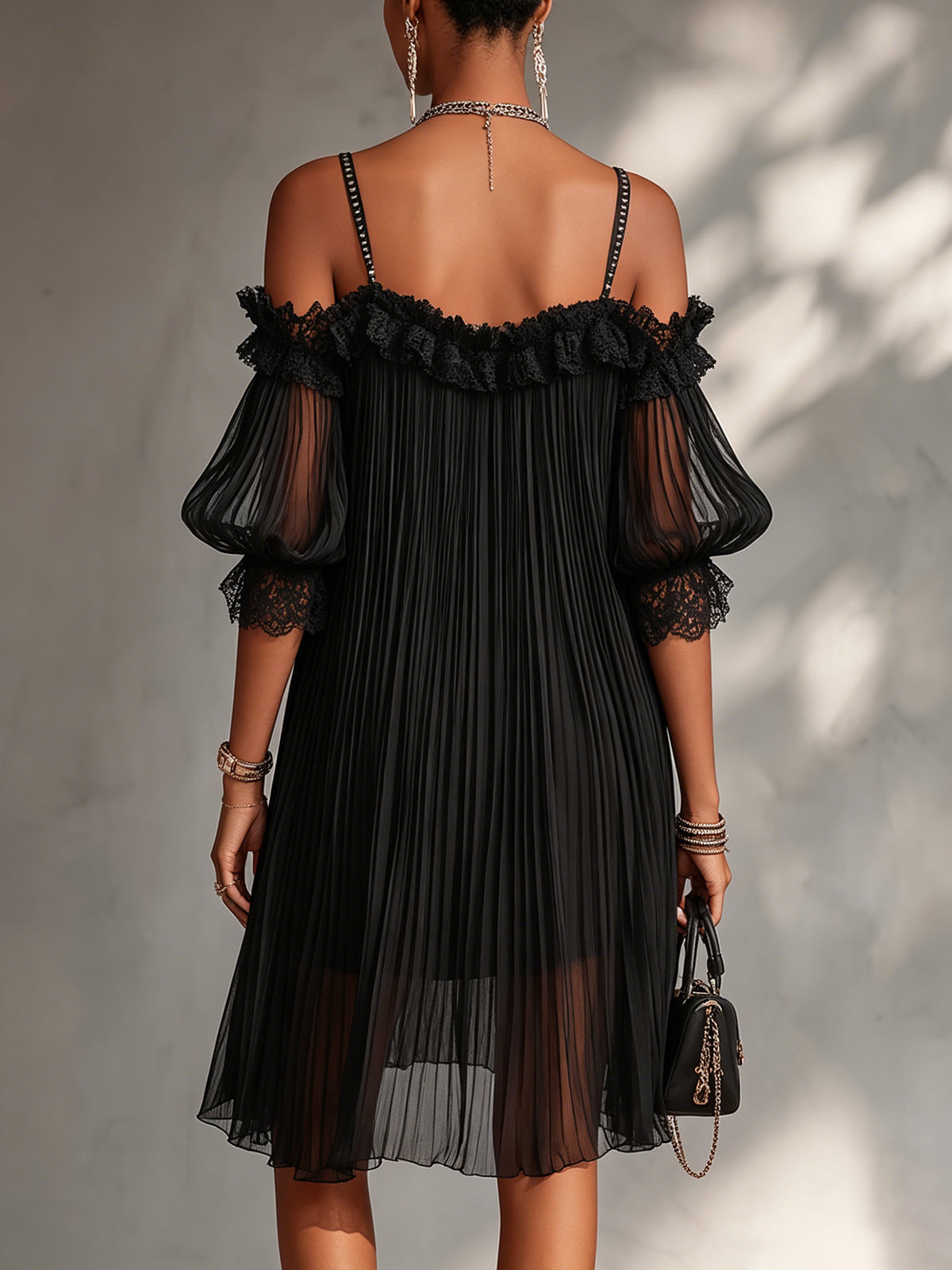 Livia | Black Chiffon Mini Dress with Bare Shoulders and Lace Trim