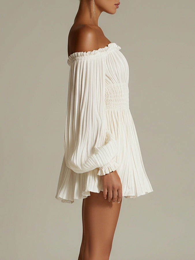 Candide | Mini White Dress with Off-Shoulder Sleeves, Gathered Waist