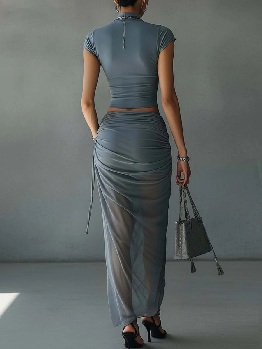 Jacqueline | Blue Short Sleeve T-Shirt and Draped Transparent Tulle Skirt