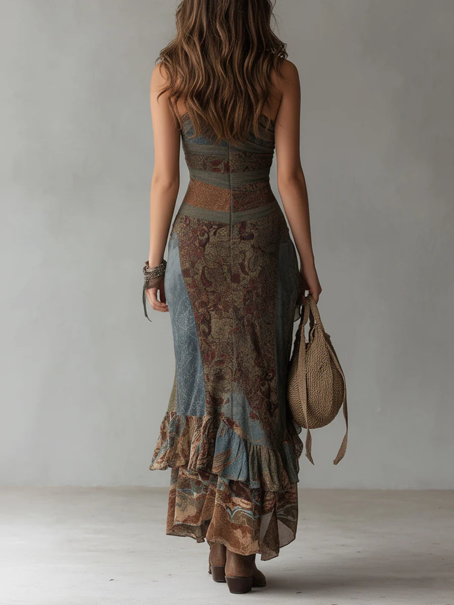 Elena™ | Asymmetrical maxi dress with bold print and flounced slit