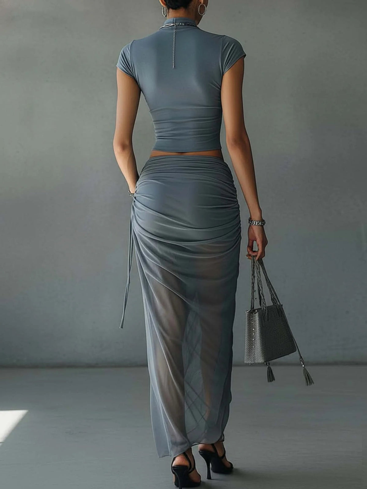 Jacqueline | Blue Short Sleeve T-Shirt Ensemble and Sheer Tulle Draped Skirt