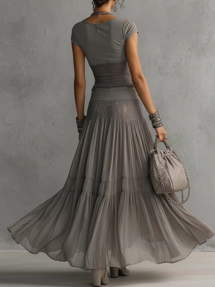 Christine™ | Grey lace panelled top and pleated long skirt