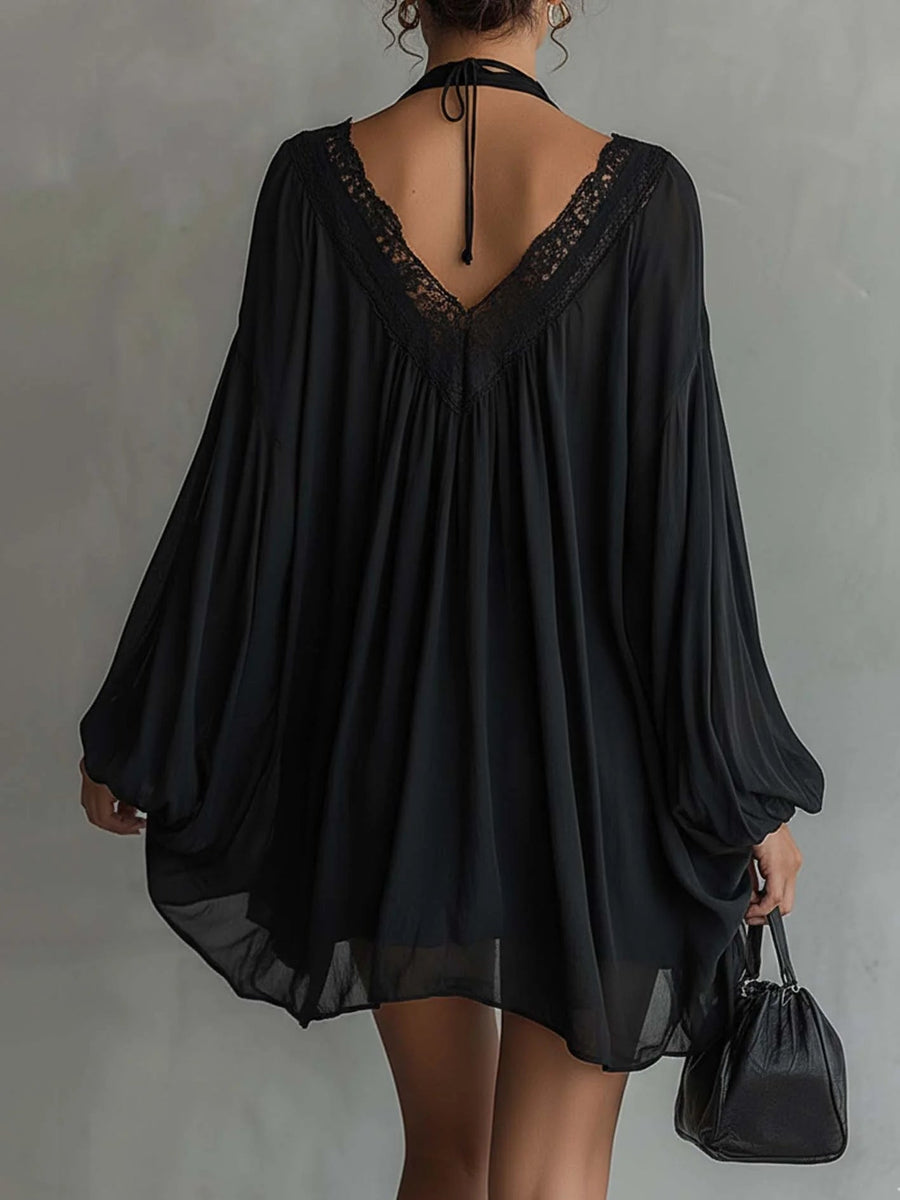 Cassandre | Black Chiffon Mini Dress with Lace Collar