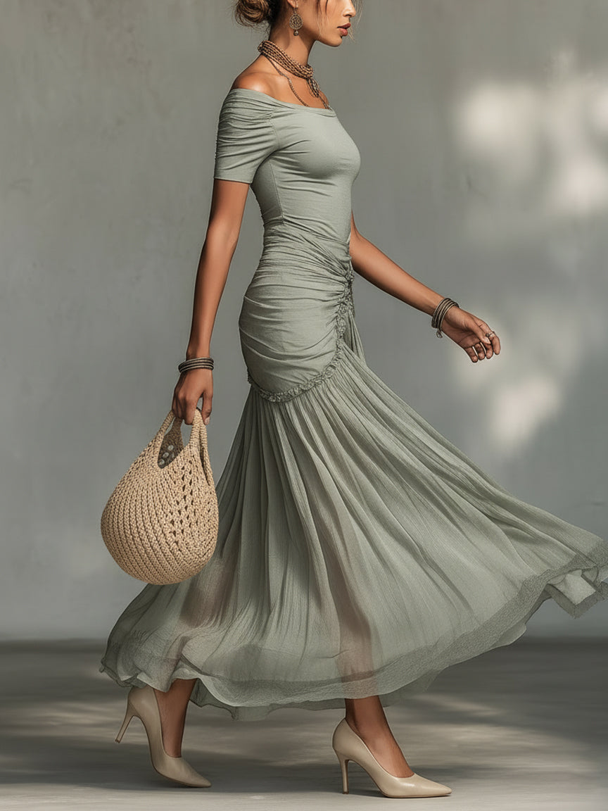 Grey Off-Shoulder Maxi Dress