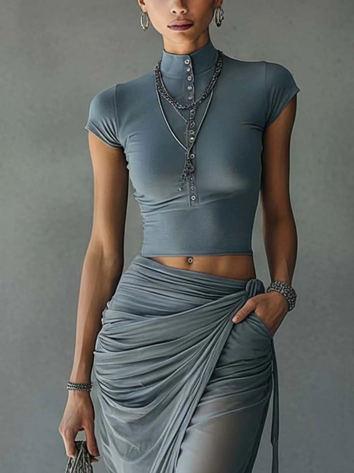 Jacqueline | Blue Short Sleeve T-Shirt and Draped Transparent Tulle Skirt