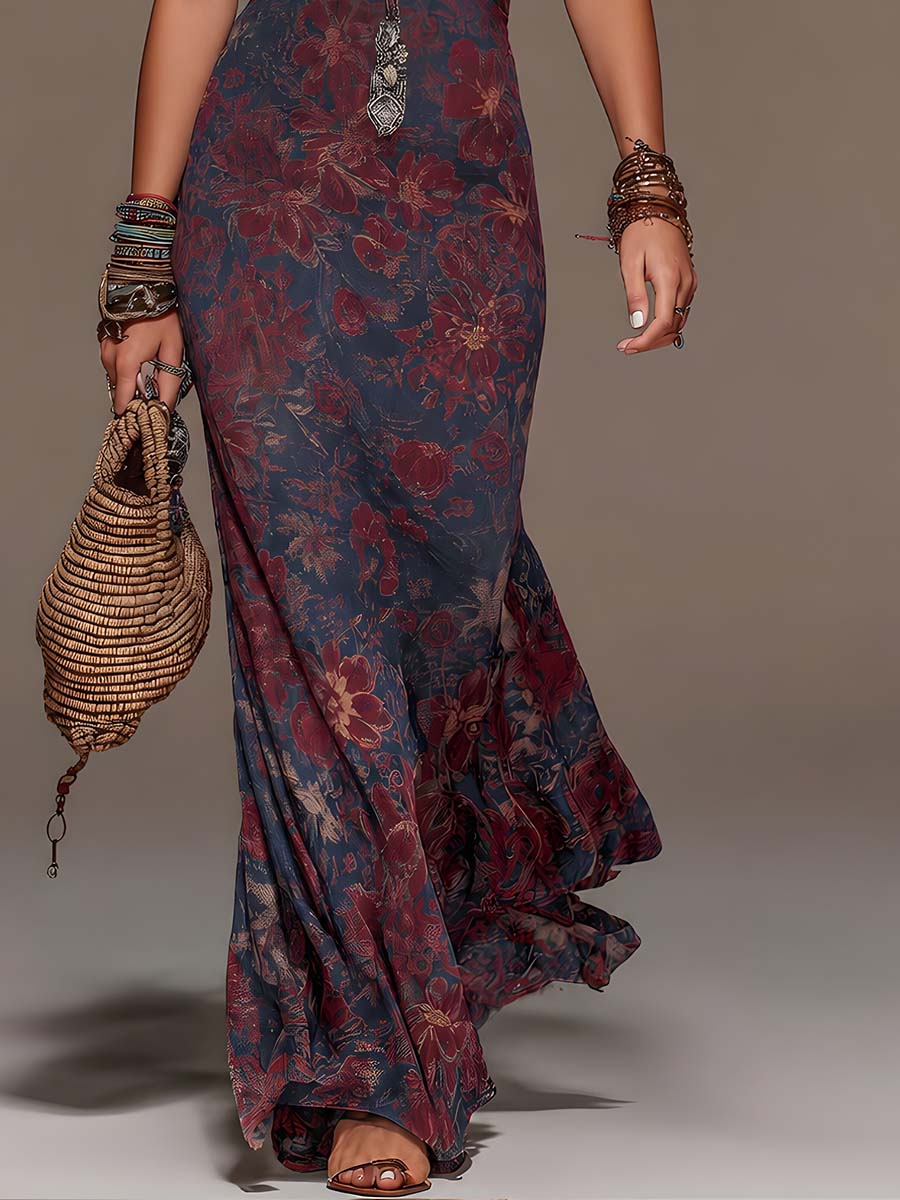 Retro Halterneck Floral Fishtail Maxi Dress