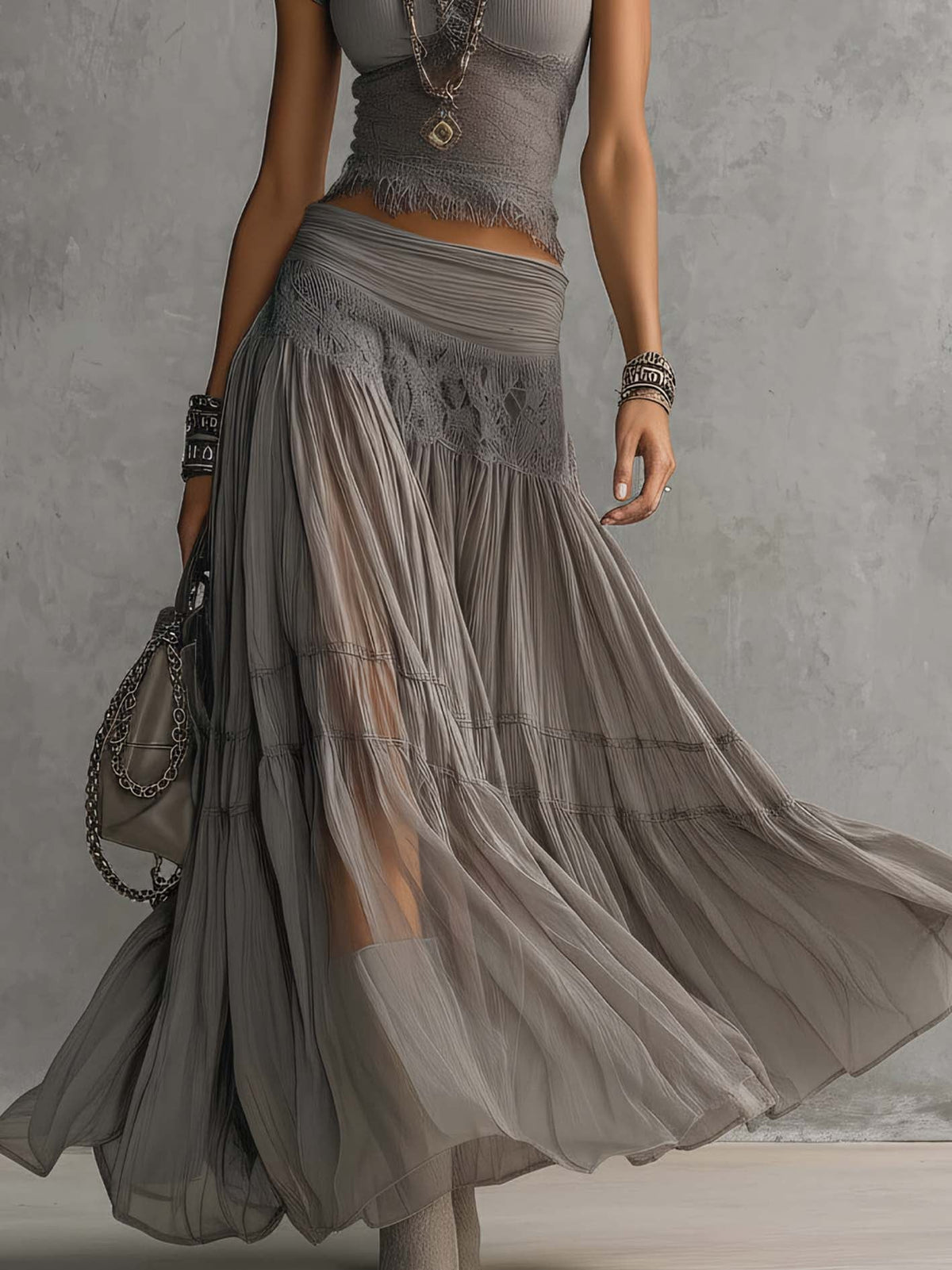 Christine™ | Grey lace panelled top and pleated long skirt