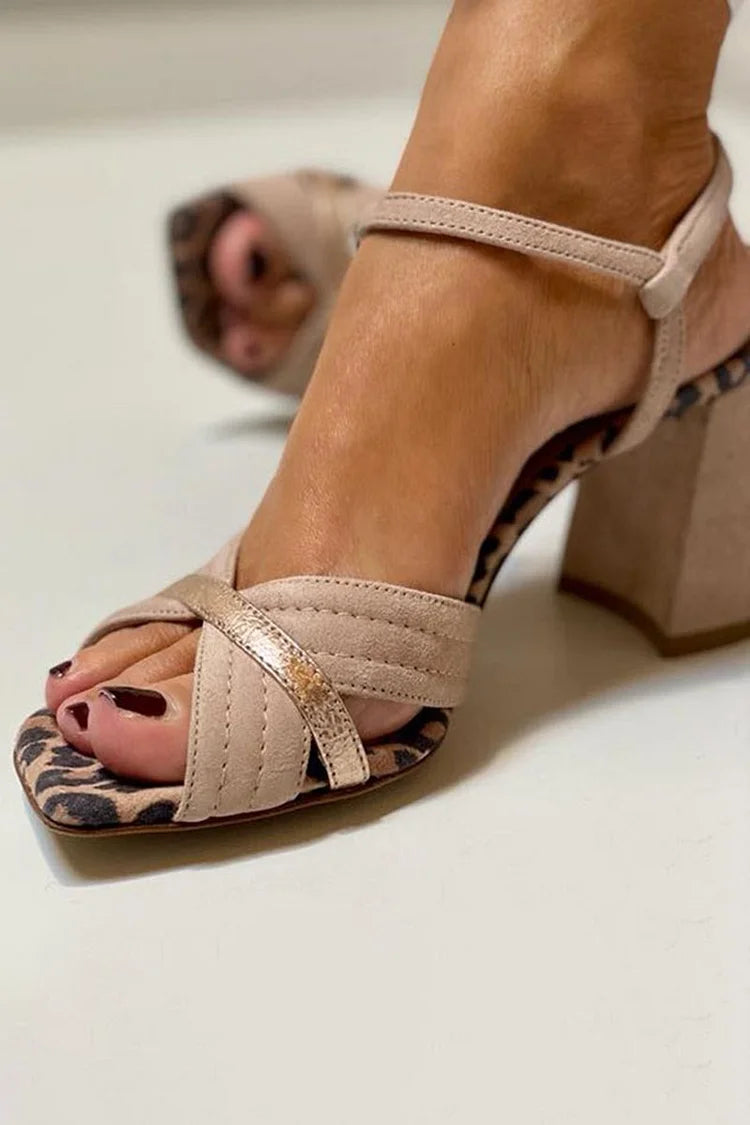 Wide-heel peep toe leopard print patchwork Khaki