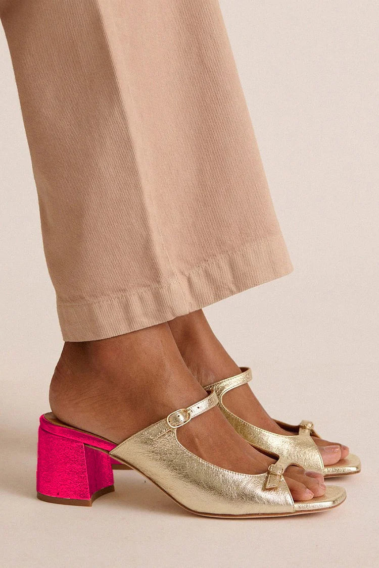 Wide Block Heeled Cut-Out Colour Block Gold Slingbacks
