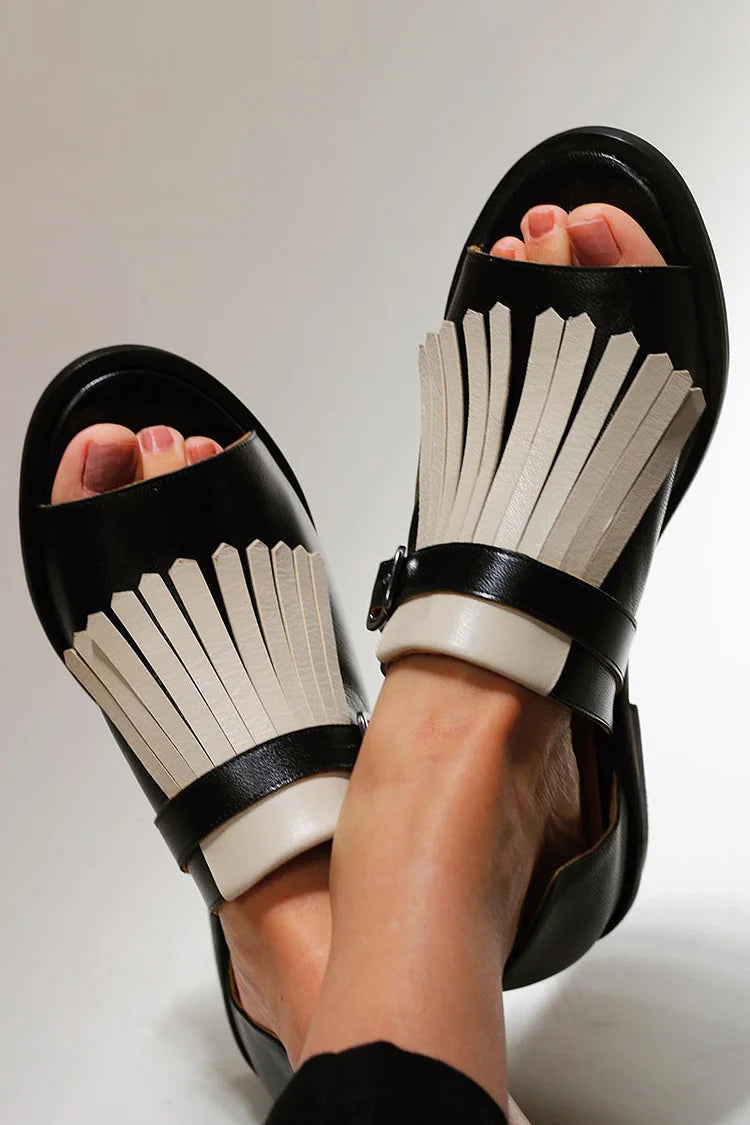 Contrast Open Toe Slip-On Sandals with Fringes