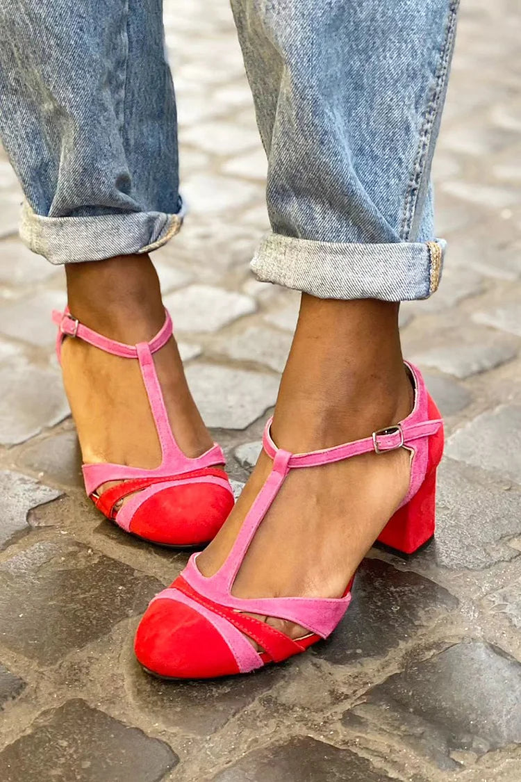 Wide Cut-Out Colour Block Fuchsia Heels with Buckle and T-Strap