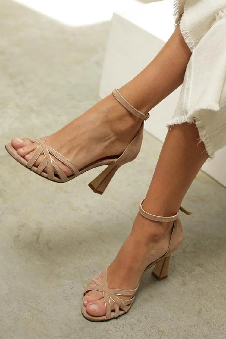Brown patchwork peep toe stilettos with ankle strap and buckle