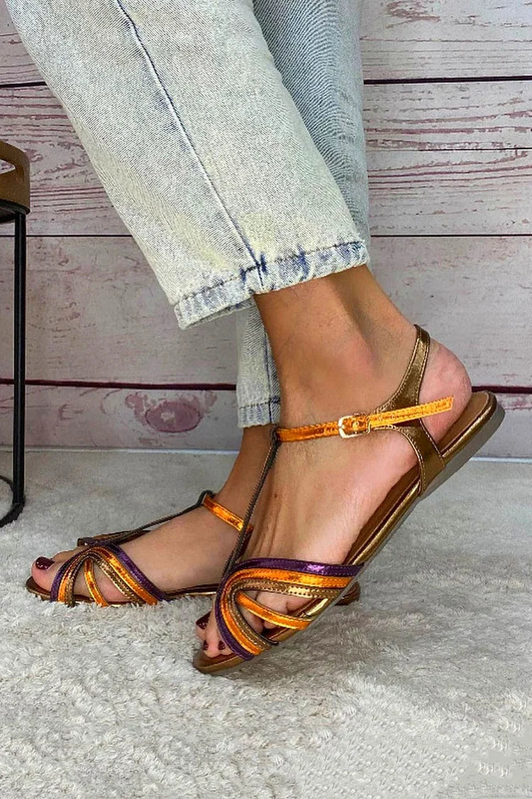 Multicoloured and Gold Peep Toe Sandals with Buckle and T-Strap
