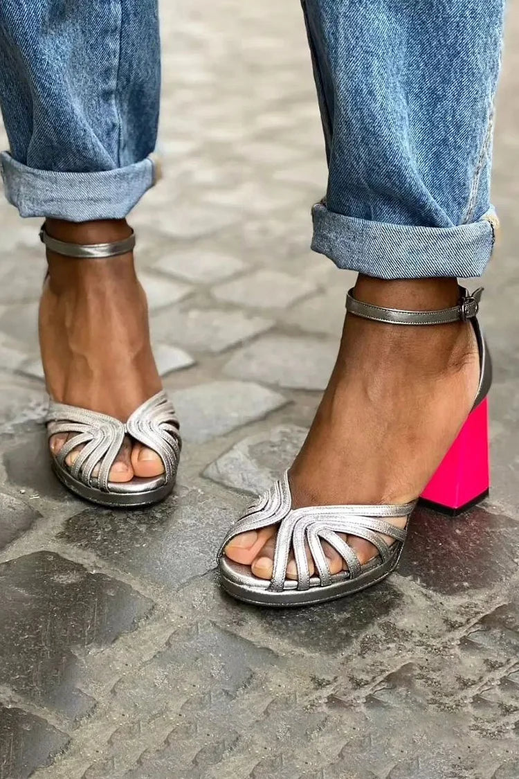 Elegant wide peep toe colour block heels with ankle strap and buckle