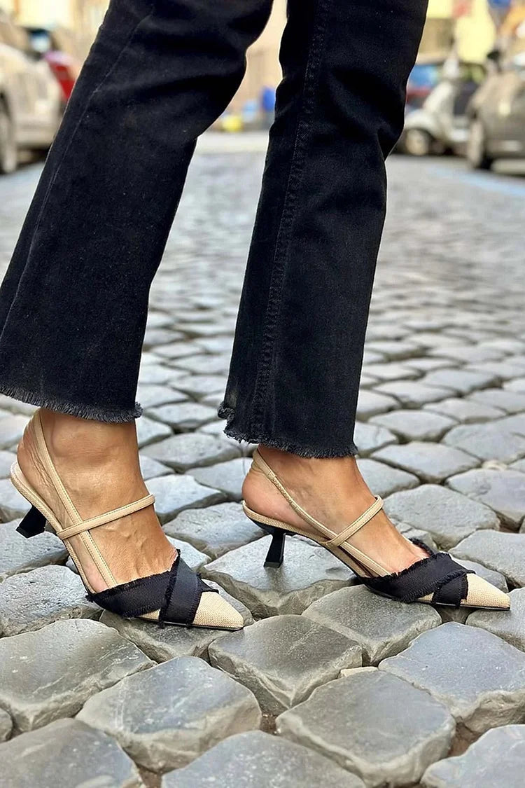 Beige Colour Block Slingback Heeled Sandals with Pointed Toe and Bright Edges