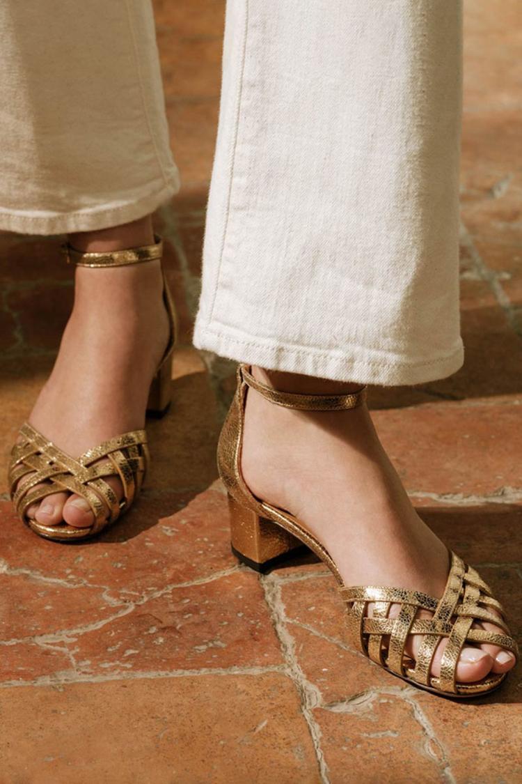 Wide peep toe intertwined Gold heels with ankle strap and buckle