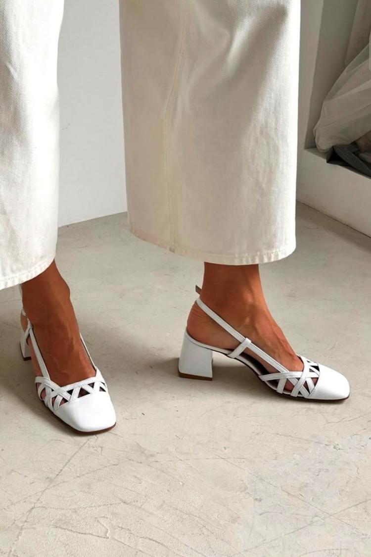 Wide Cut-Out Slingback Heels White with Square Toe