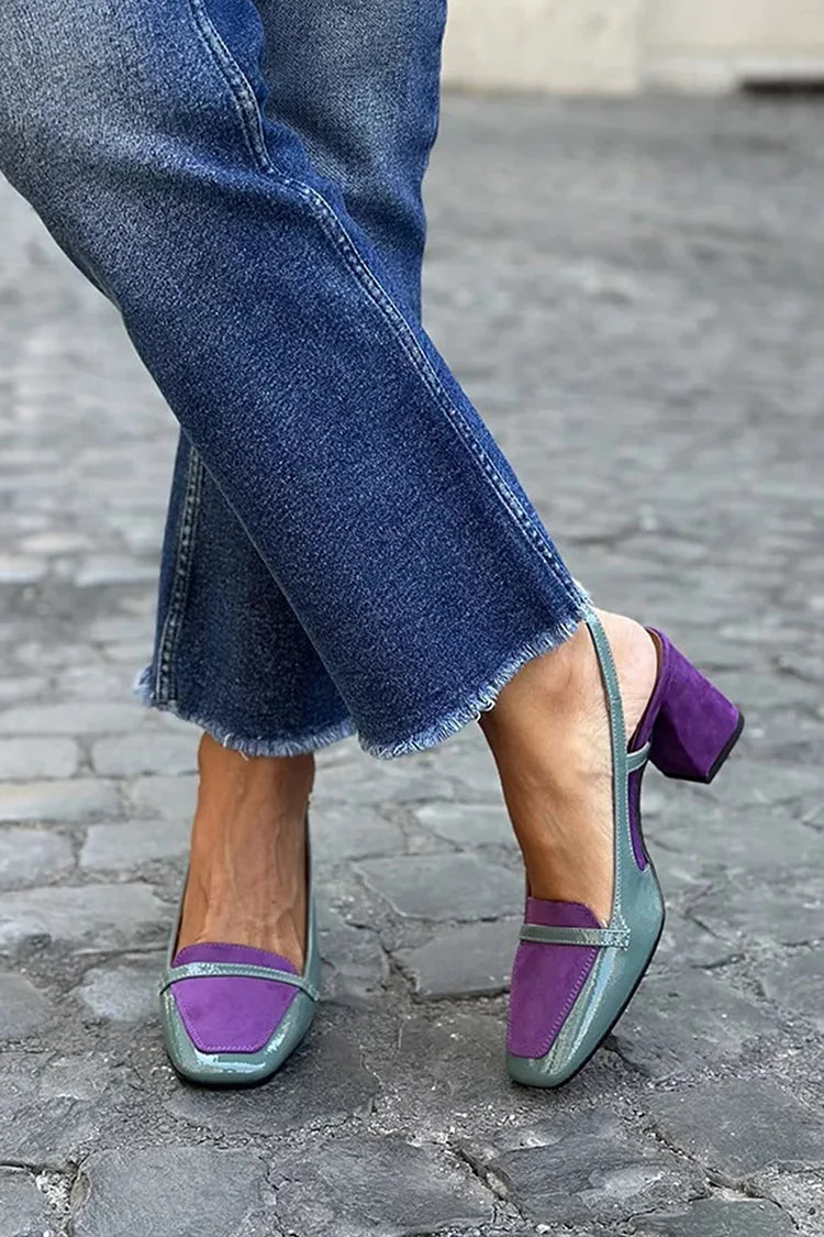 Wide Heeled Slingback Patchwork Violet with Square Toe