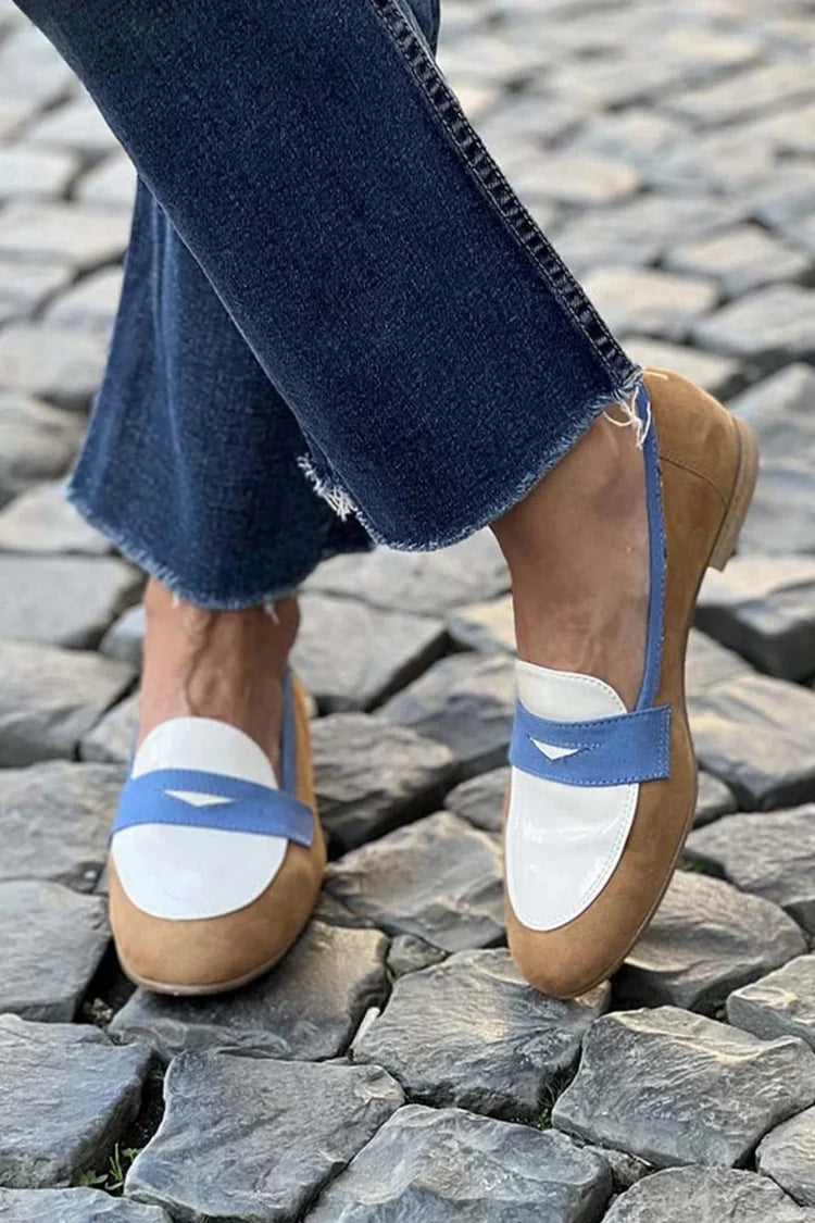 Colourblock Loafers in Camel, White and Blue