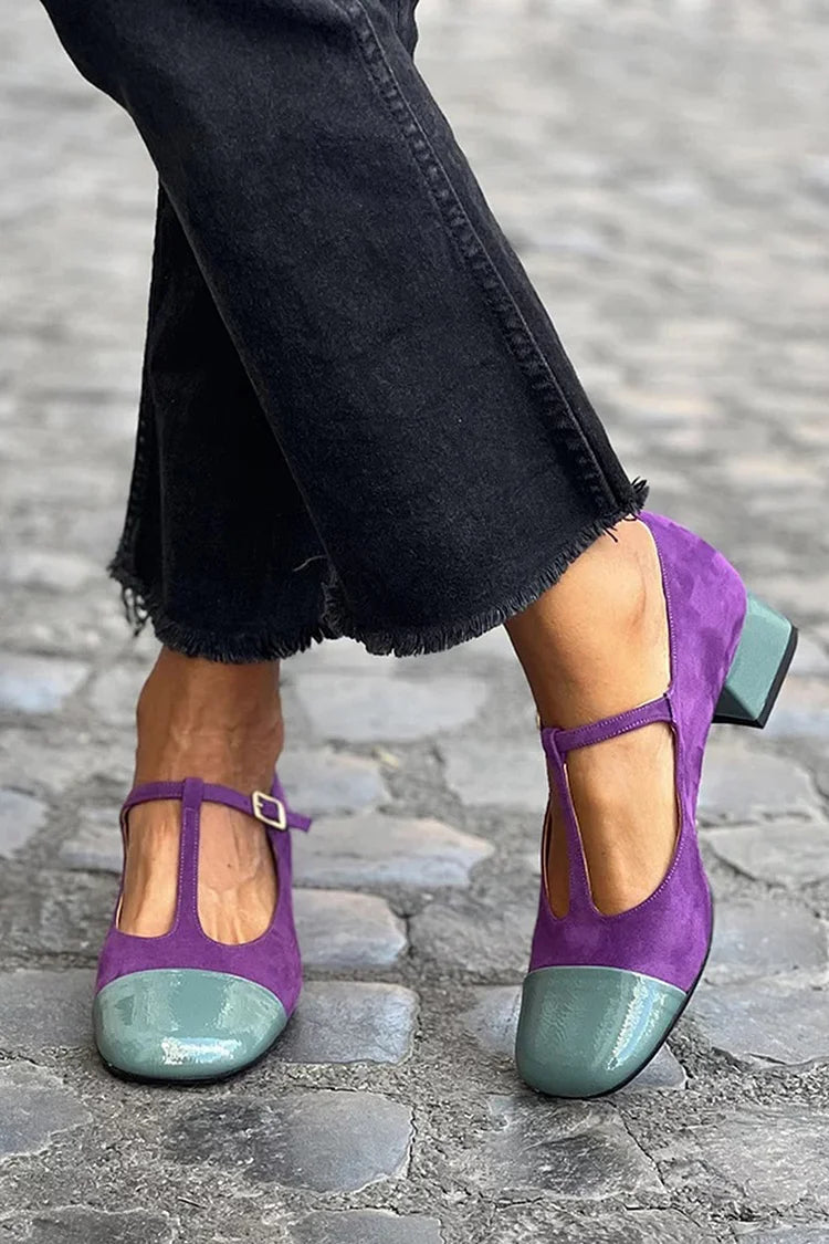 Wide block-heeled violet shoes with round toe, buckle and T-strap
