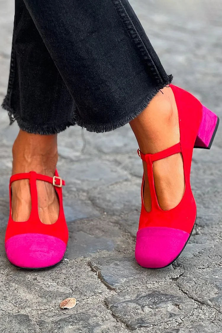 Wide Patchwork Heels Red with Round Toe and T-Bar