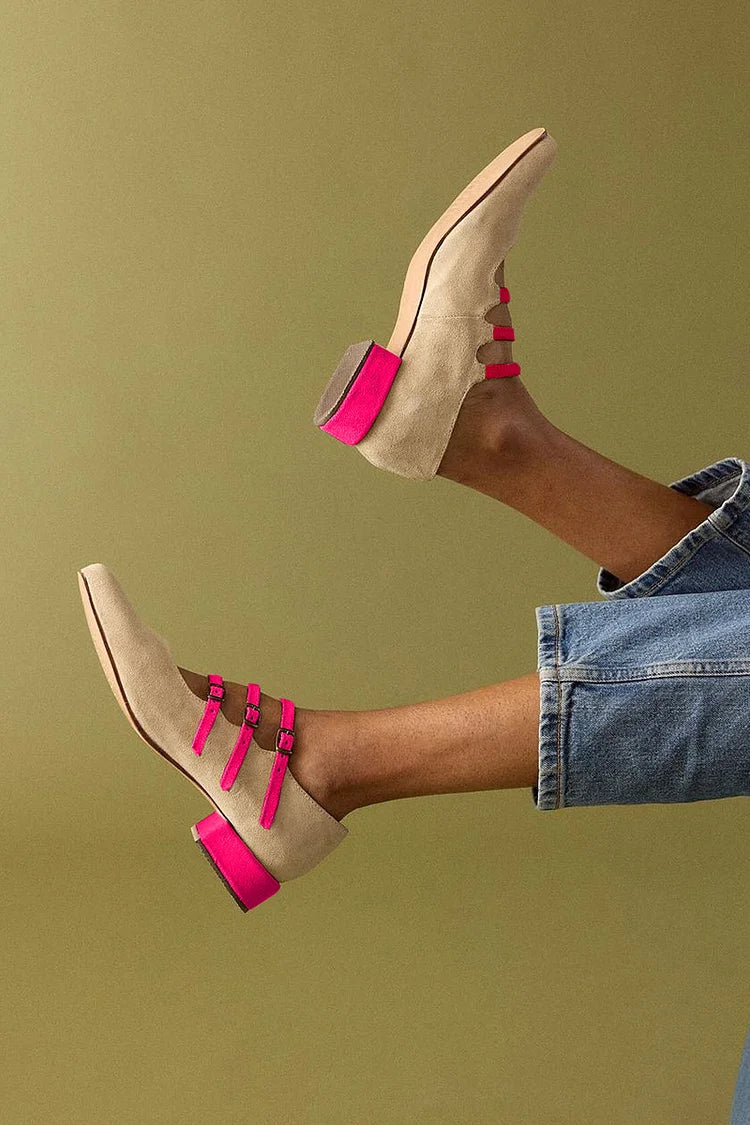 Beige Colour Block Low Heels with Multiple Straps and Buckles