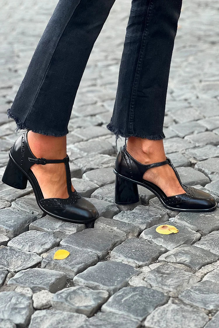 Black Thick Heels with Round Toe, Buckle and T-Strap