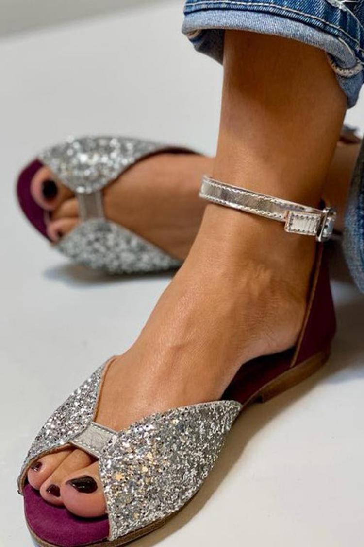 Silver Glitter Peep Toe Sandals with Ankle Strap and Buckle