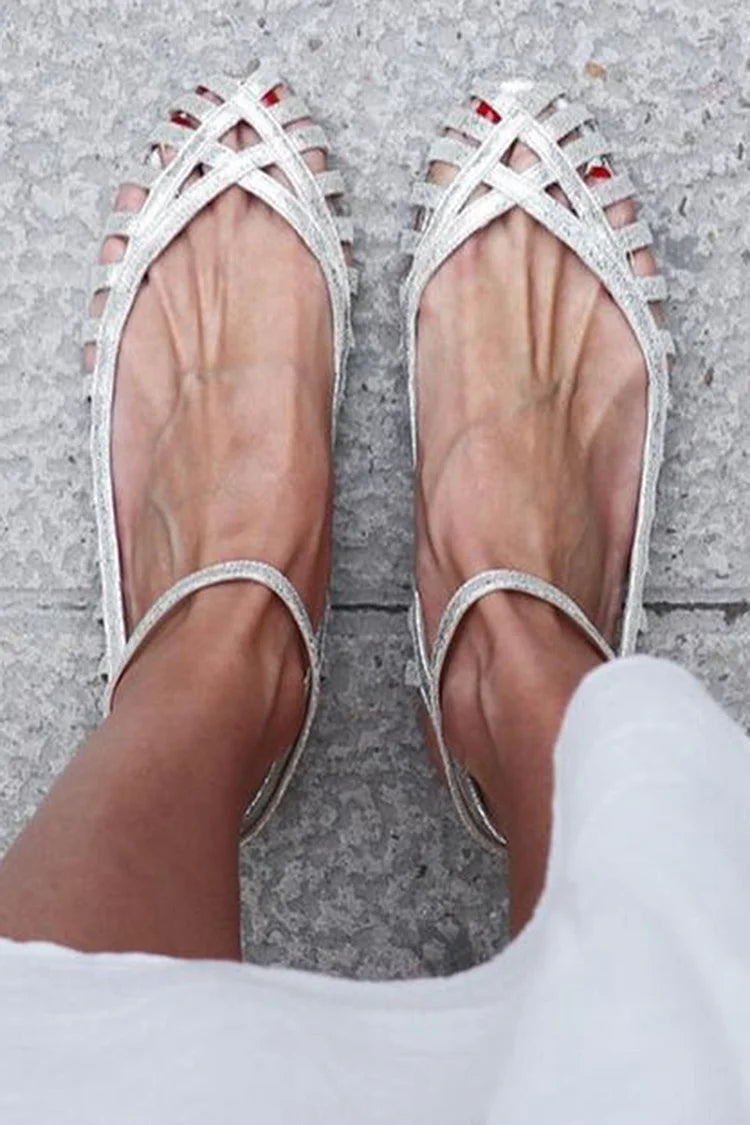 Silver Cut-Out Sandals with Round Toe and Ankle Strap