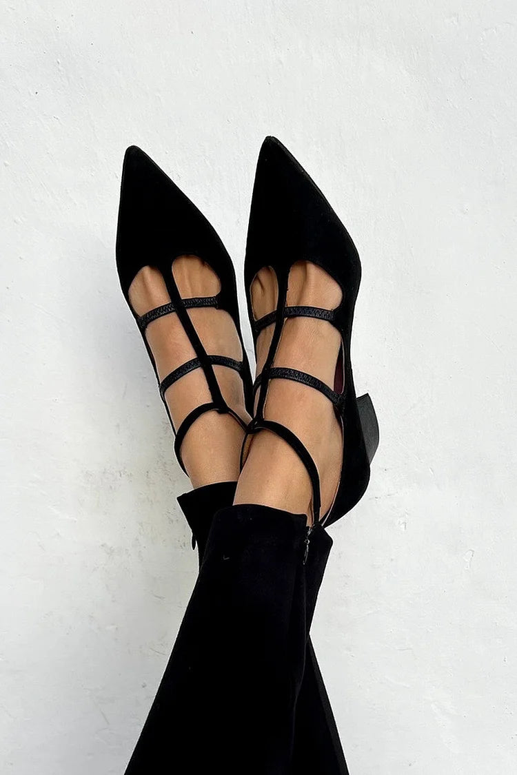 Thick Black Heels with Pointed Toes and Multiple Crossed Straps