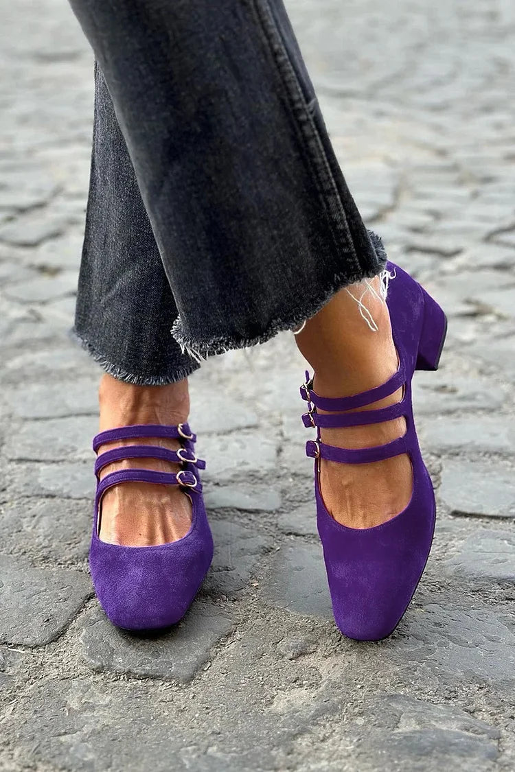 Wide purple square-toed heels with buckle