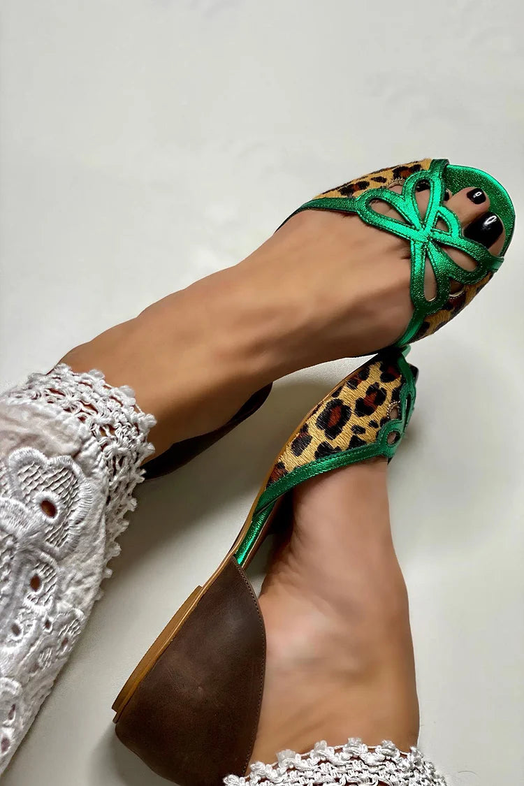 Cut-out Sandals Colour Block Leopard Print Green